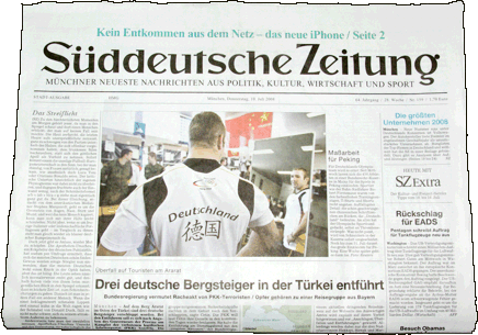 Titelseite Süddeutsche Zeitung vom 10.7.2008